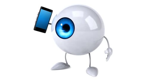Cartoon-Augenfigur hält Smartphone