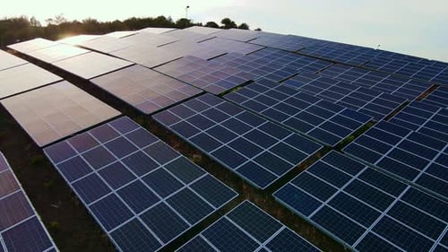 Close Up Solar Power Station Panels in a Row in the Fields Green Energy