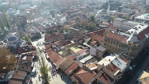 Aerial Footage of Sarajevo and National Library the Shot is Flying Over Vijecnica Library with a