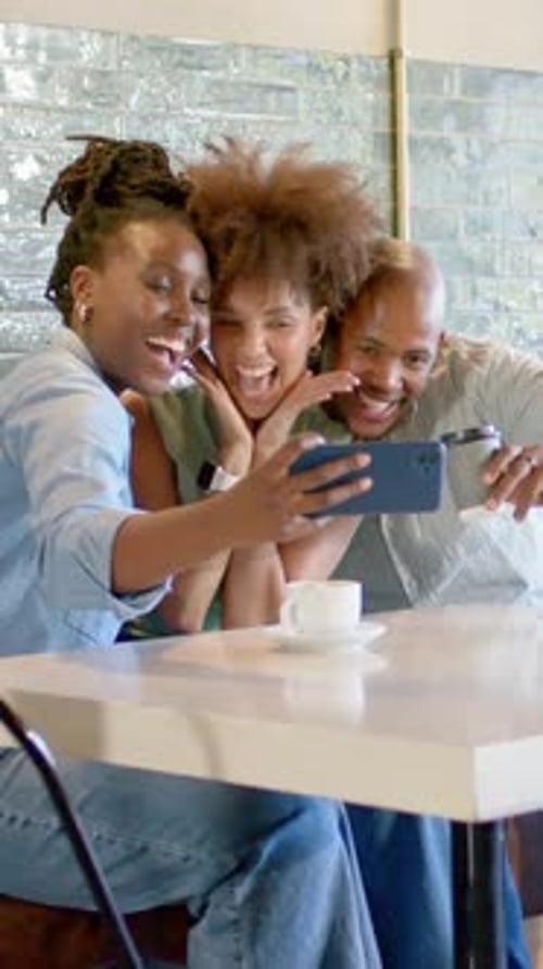 Vídeo vertical: estender o smartphone deixou mulher tirando selfie com o grupo no café, verificando a tela