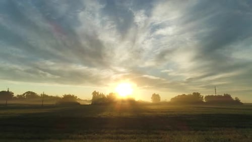 Morning Summer Fog on the Meadow Aerial View