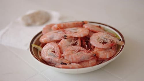 Fresh Shrimp in a White Bowl on Table