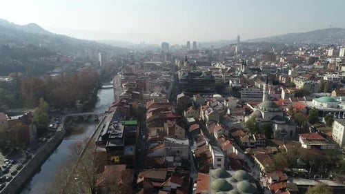 Aerial Footage of Sarajevo and National Library the Shot is Flying Over Vijecnica Library with a