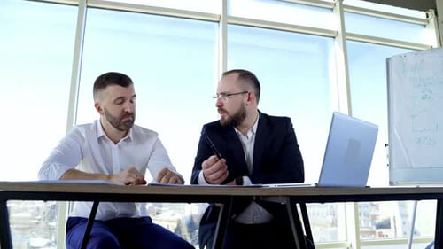 Business work. Business conversation between serious partners in office on windows background.