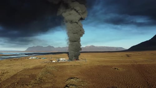 Fire at Car Junkyard Black Smoke Pollutes the Atmosphere Ecological Disaster Global Warming Problem
