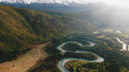 Natural Landscape Winding River and Hills Drone View Weather Rainy and Sunny at Same Time