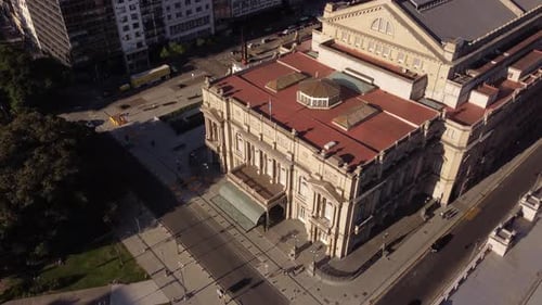 Aerial top down shot of closed Teatro Colon Opera Theatre during Covid-19 Pandemic in Argentina