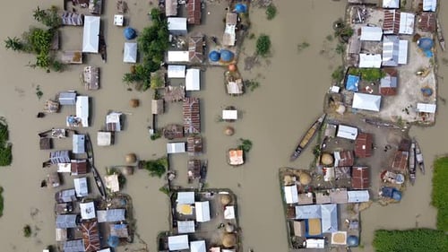 Aerial view of flooded village, Bangladesh.