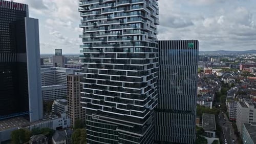 A close-up aerial view of modern high-rise buildings in Frankfurt, Germany .