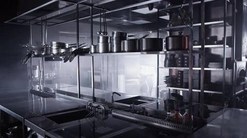 Restaurant Kitchen Counter and Shelves with Cleaned Vessels