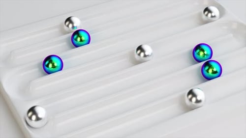 Sleek 3D Animation of Metallic and Iridescent Spheres Gliding on a Glossy Grooved White Surface