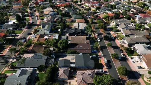 Empty street in San Clemente aerial top down view. Quarantined city, empty abandoned streets during
