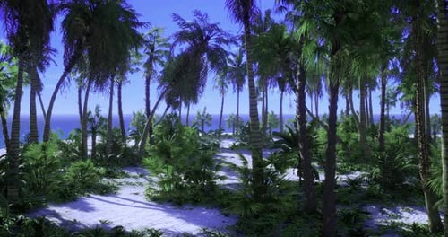 Lush Tropical Landscape with Palm Trees By a Serene Ocean Shore