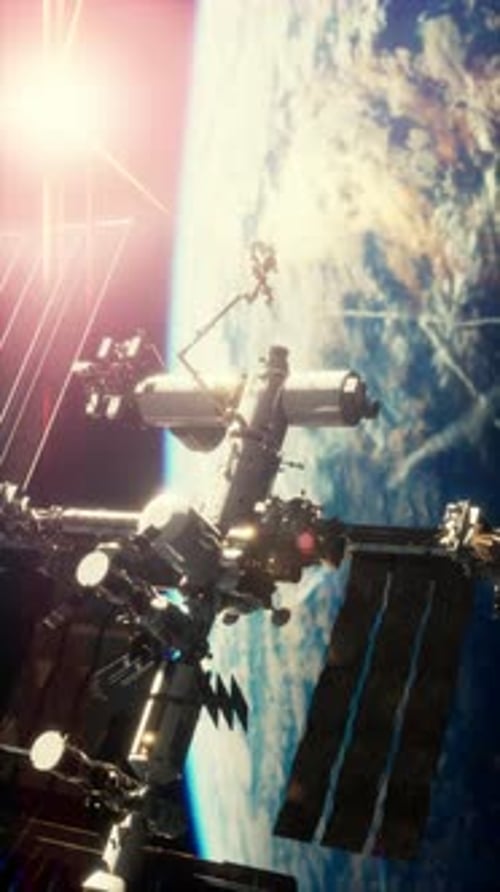International Space Station in Outer Space Over the Planet Earth Orbit Vertical
