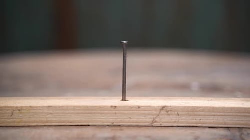 Close Up Using Hammer to Stuck Nail Into the Wood