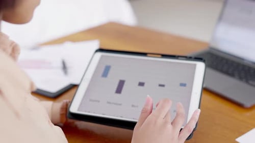 Hands, tablet and woman on screen with data, graph and analysis of business