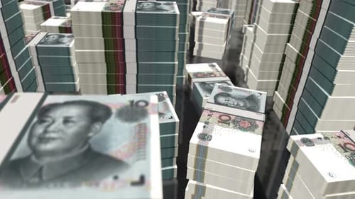 3d flight over China yuan renminbi money banknote packs loop