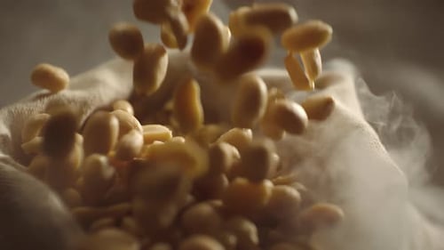 Cacahuetes salados tostados y crujientes cayendo en cámara lenta, de cerca, deliciosos cacahuetes fritos calientes