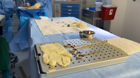 An operating table set up for ophthalmological surgery, equipped with ...