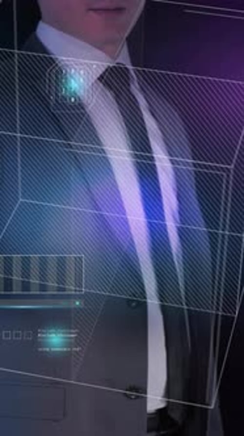 A Man Works with Data on a Virtual Panel