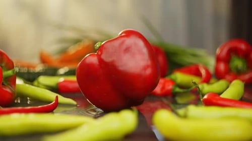 Fresh Peppers Display with Bright Reflection