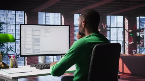 Black IT Expert Looking at User Interface on Computer at Home Office