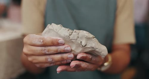 Hands, pottery and sculpting clay with woman in studio closeup for art, crafts or creative hobby