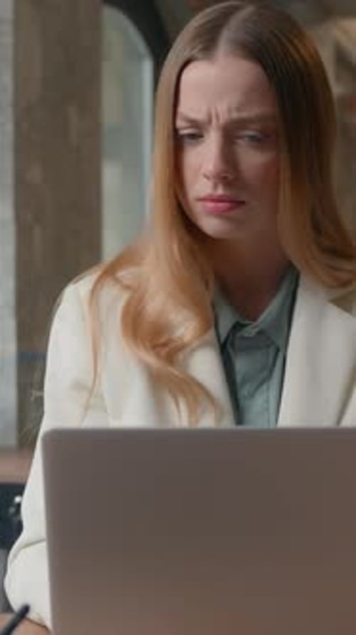 Caucasian Emotional Businesswoman Girl Female Manager Worker in Office Business Woman Talking Online