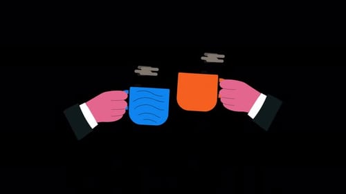 Grillage à la main avec des tasses à café. Vidéo d'animation sur le concept de partenariat commercial - Transparent