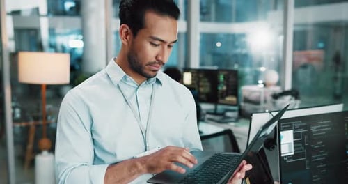 Laptop, man and programmer typing in office for software development, network or database update