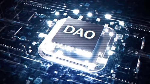 Digital Technology Reveal of DAO on Futuristic Circuit Board with Glitch Effect