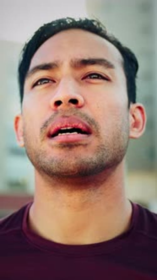 Fitness, break or man in city with breathing, cardio fatigue or burnout in outdoor practice