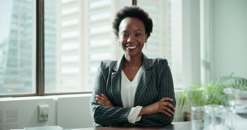 Portrait, happy and black woman in office with confidence, professional or proud in company