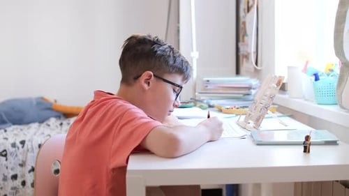 Child Doing Homework At Desk By Window Light