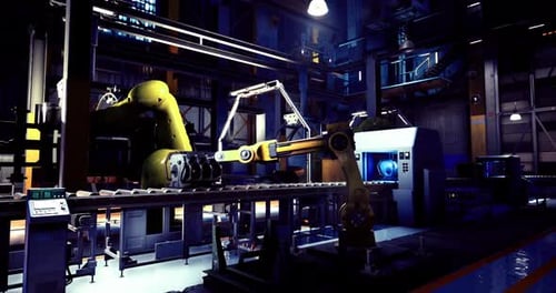 Robotic Arms Operate on an Assembly Line in a Modern Manufacturing Facility