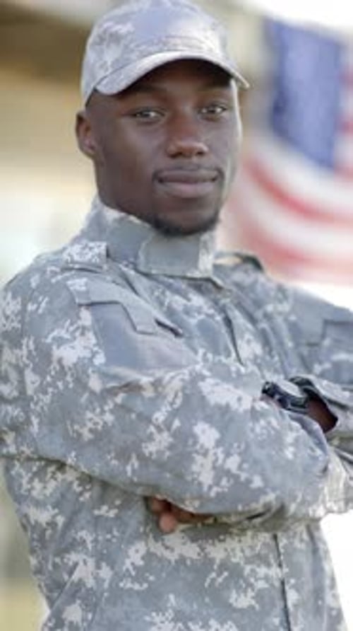 Smiling Soldier Wearing Gray Camo Military Uniform