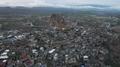 Aerial view of Uchisar Castle in Uchisar old town, Cappadocia, Turkey.
