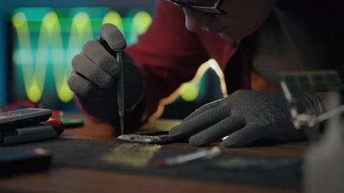 Hardware. Service worker applies equipment carefully uses screwdriver in electronic workshop