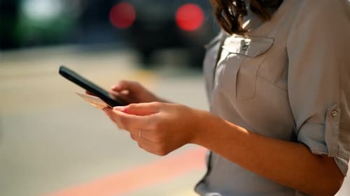 Outdoor, woman and cellphone with closeup, credit card and connection with payment