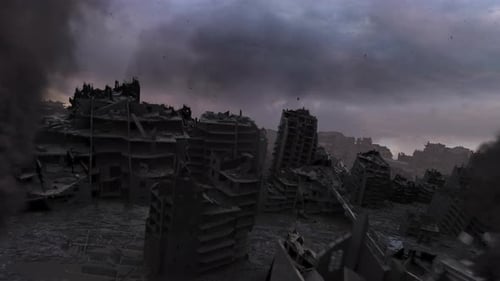 Camera flies close to destroyed buildings after war