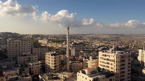 Mosque Tower minaret in Anata Refugees Camp, Jerusalem,aerial view