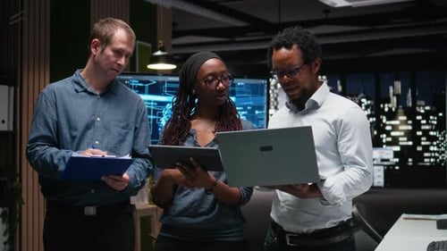 Portrait of Smiling Engineers in Office Developing Machine Learning Algorithms