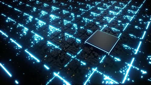 Futuristic Microchip Data Flow on Circuit Board Background
