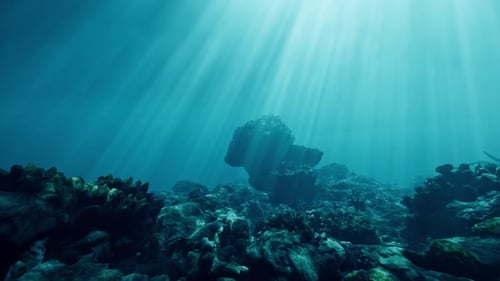 Rugged Landscape Terrain Underwater Scenery In The Depths Of The Ocean With Light Rays