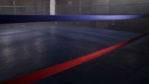 An empty boxing ring awaits the fighters in a dark smoky arena