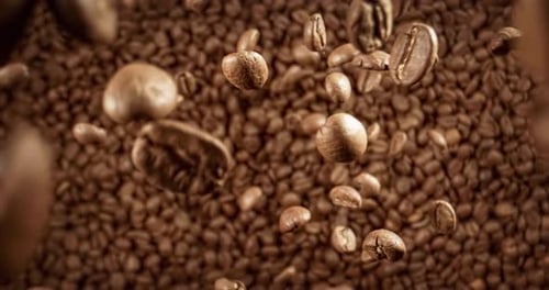 Nahaufnahme von Kaffeesamen. Duftende Kaffeebohnen Super Macro Close Up. In Superzeitlupe aufgenommen