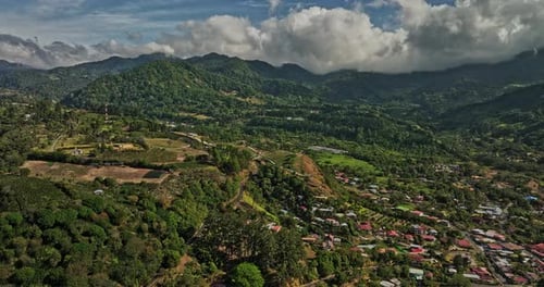 Boquete Panama Aerial v9 picturesque landscape view, cinematic flyover hillside capturing charming q