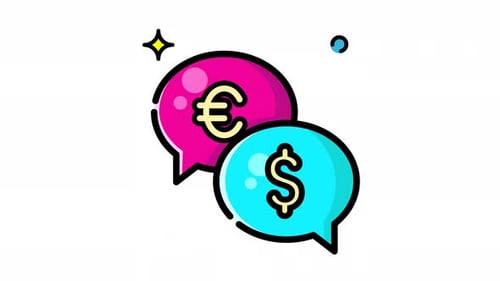 Animated Made in uk two speech bubbles showcase the euro and dollar signs.