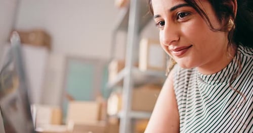 Laptop, startup and woman in office for ecommerce, review or reading email for procurement