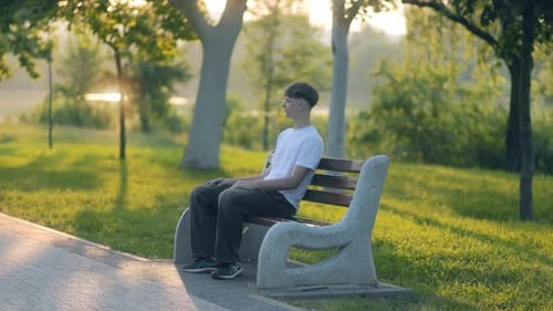 Teen Boy Chillin Solo on Park Bench in Warm Summer Afternoon Light